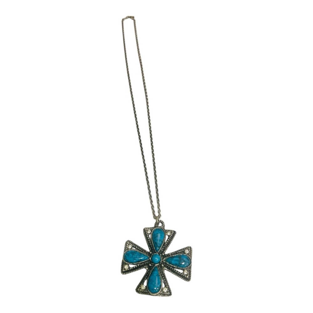 Vintage 1960's Zuni Style Faux Turquoise MalteseCross Pendant Necklace 12” - Picture 2 of 5